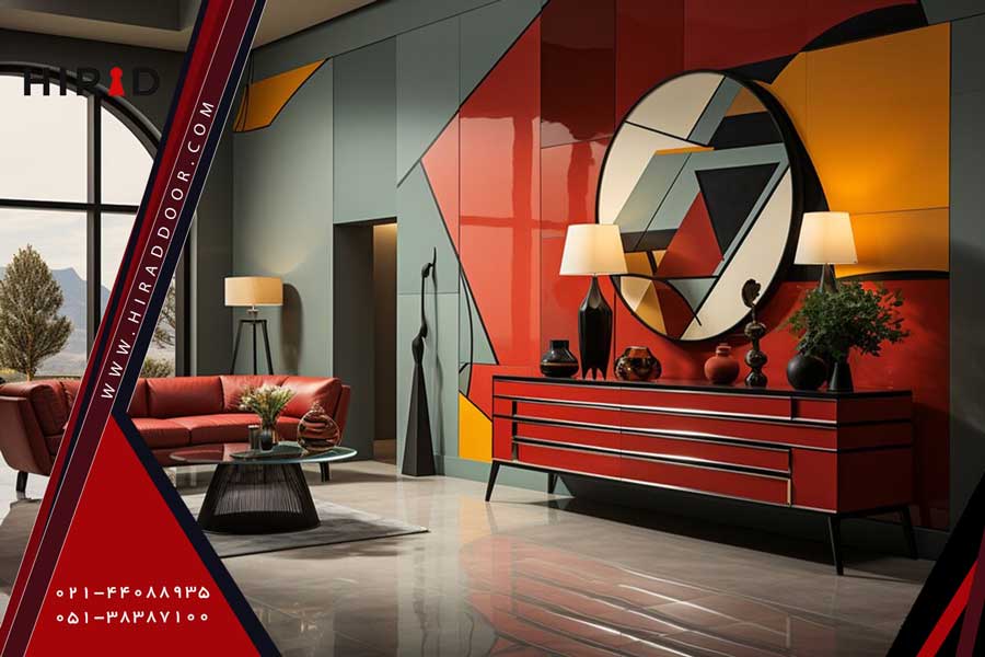 طراحی اتاق نشیمن با سبک هالیوودی، آینه و کنسول رنگی و طراحی دیوار با اشکال هندسی